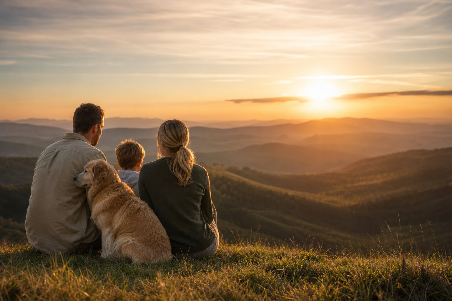 A family planning their future together at sunset